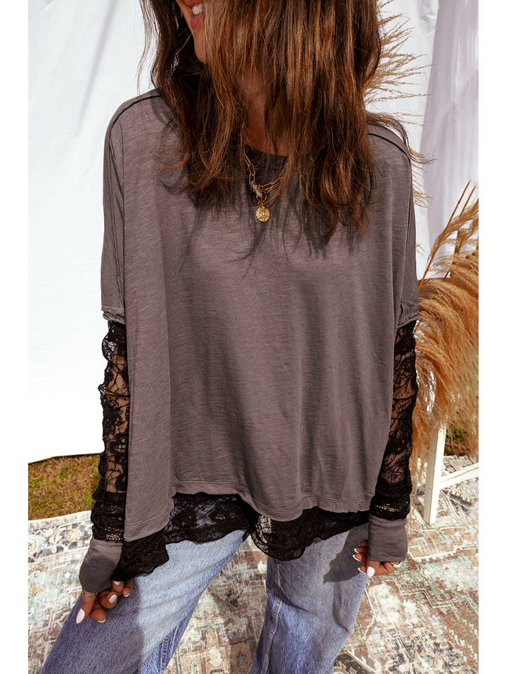 1 the Woman - Wholesale Dress - Women's - Sheer Lace Patchwork Casual Long Sleeve Tee1
