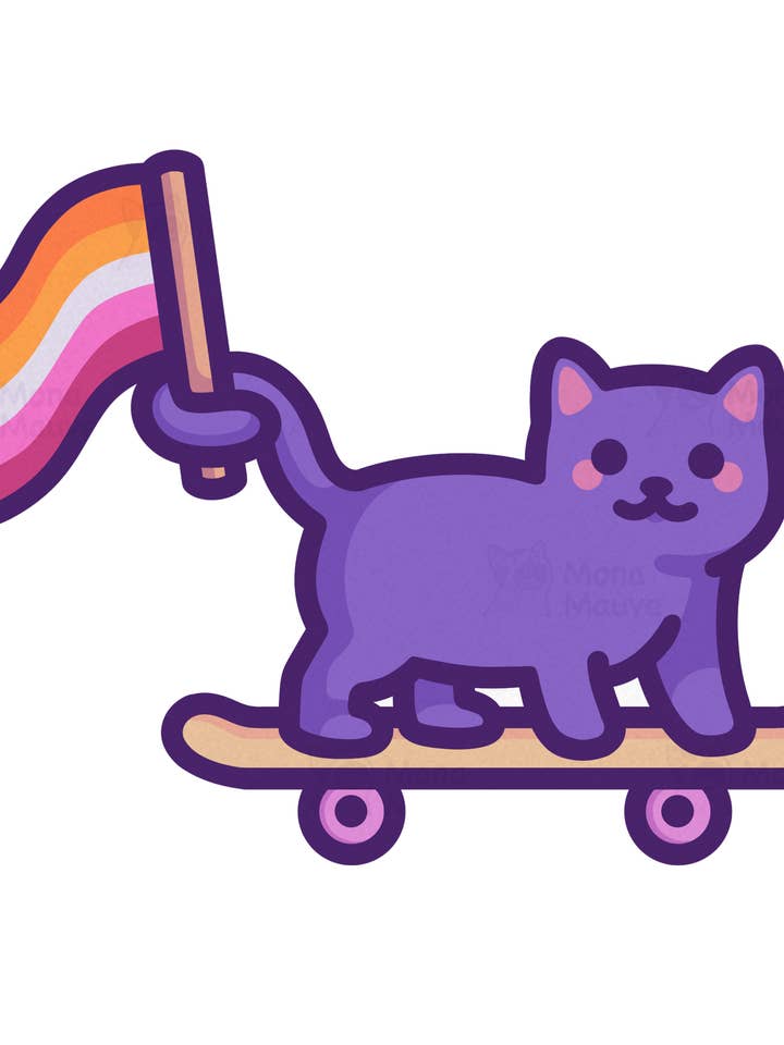 Adesivo Lesbian Pride | Gatto con bandiera LGBTQ+ su skateboard per la vendita all'ingrosso da parte di Mona Mauve • Silly Art!
