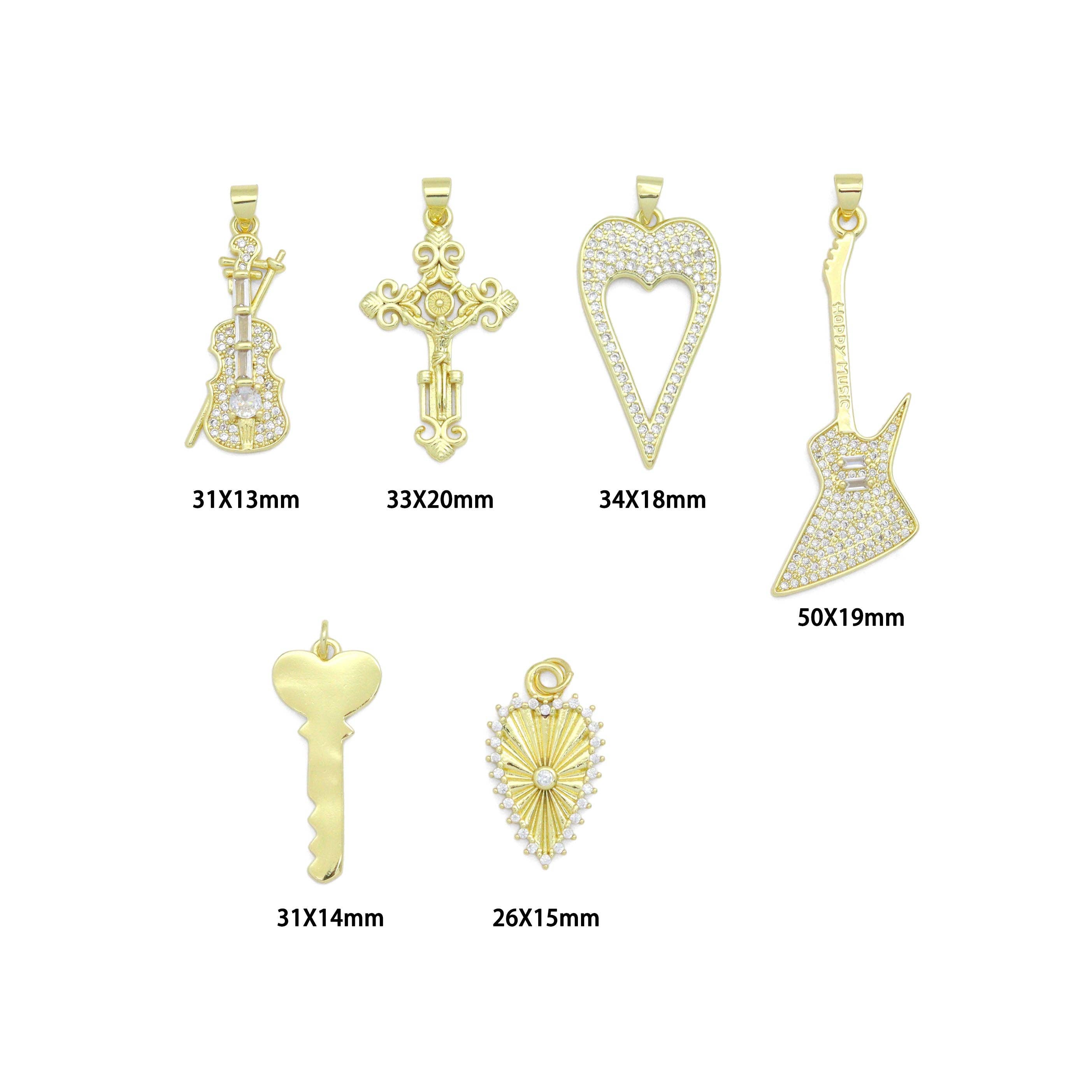 BestBeads&Beyond – wholesale Individuell berlock/hänge – Guld Fiol Gitarr Kors Hjärta Nyckel Berlock Hänge, Sku#LK12575