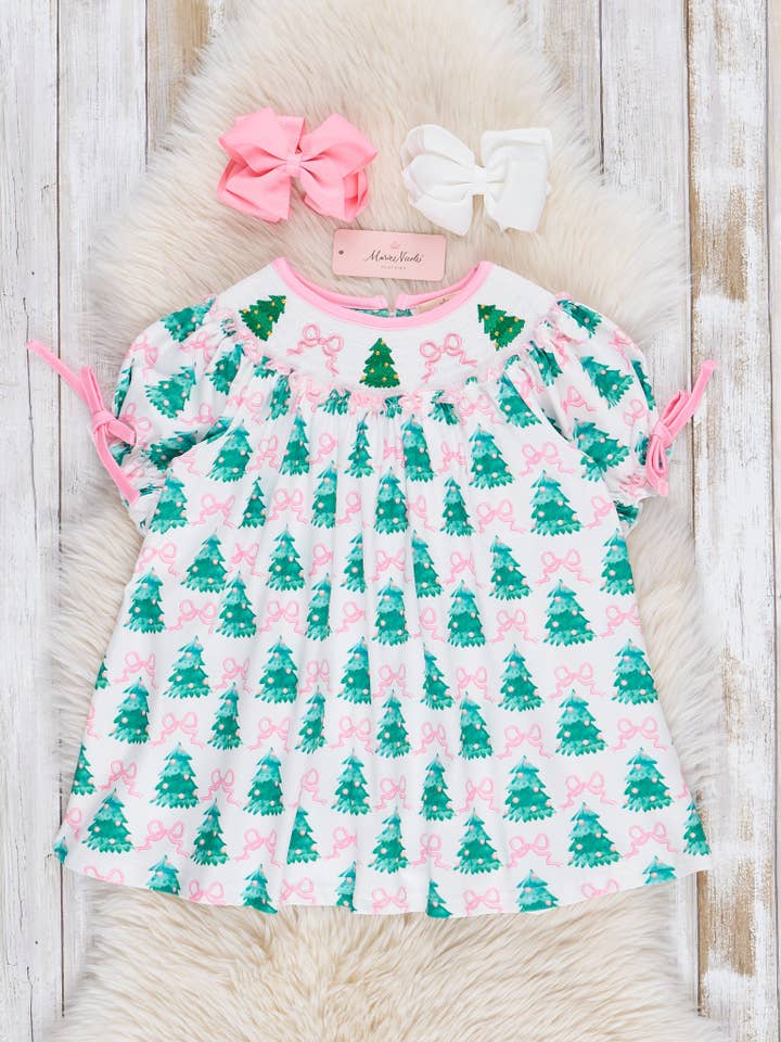 Marie Nicole Clothing - Wholesale Dress - Kids - Pink Bows & Evergreens Smocked Dress