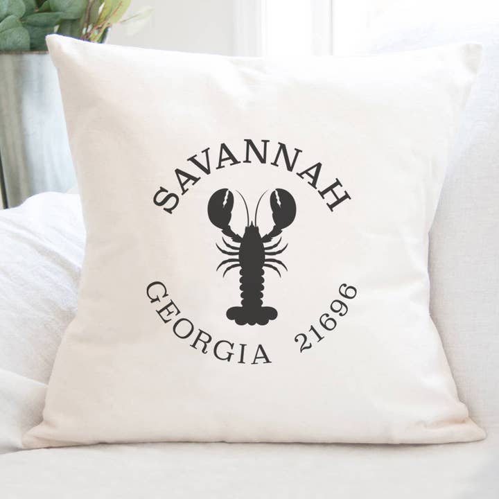 Lobster w/ City and State - Custom Square Canvas Pillow for wholesale by Cottage Shore