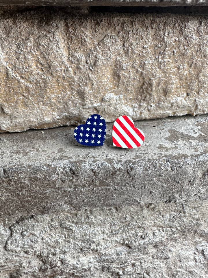 Stars & Stripes Heart Studs | 4th of July Earrings for wholesale by Laser & Color Designs LLC
