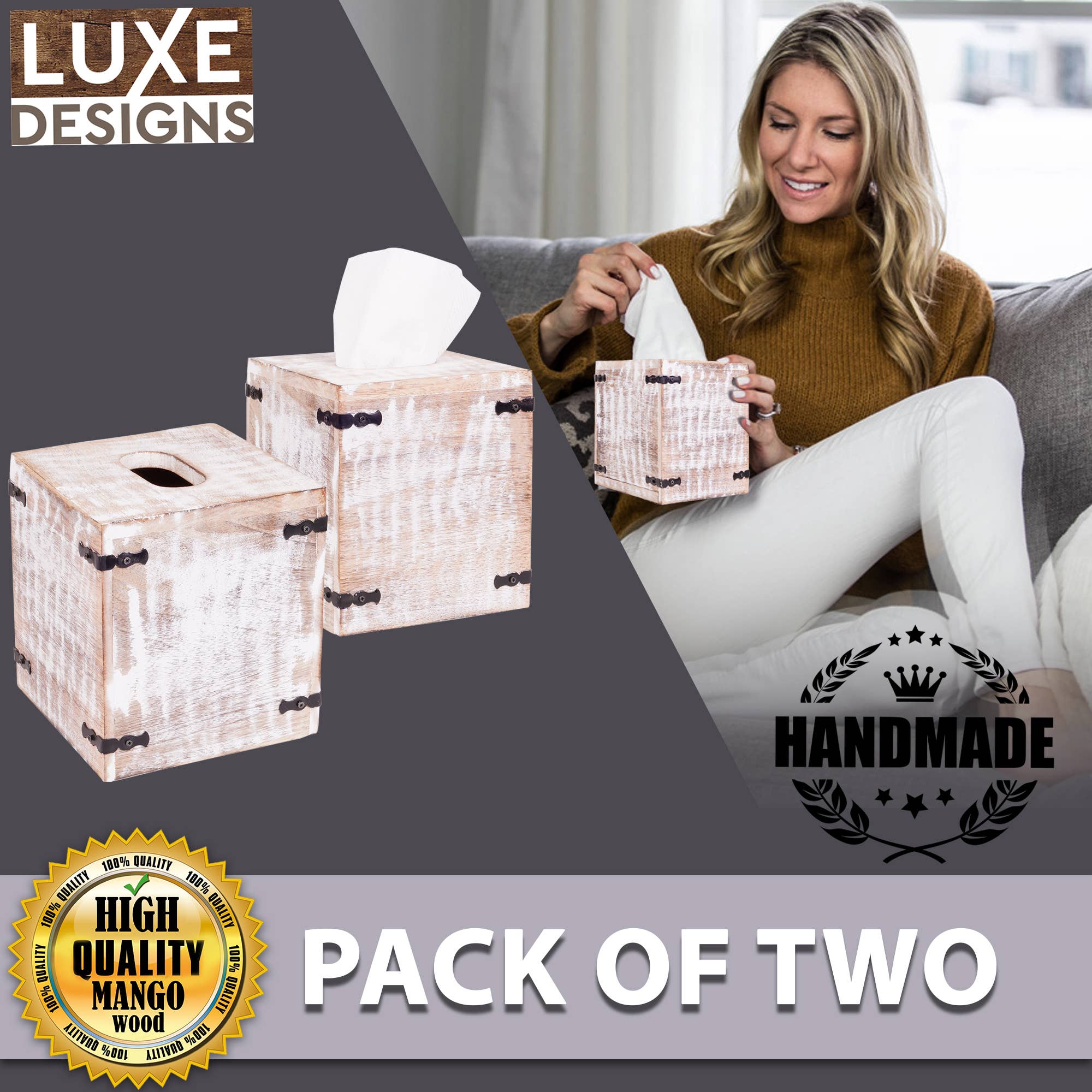 LuxeDesigns Co LLC - Wholesale Tissue Box - Rustic Wood Tissue Box w/ SlideOut Bottom-Square (Set of 2)2