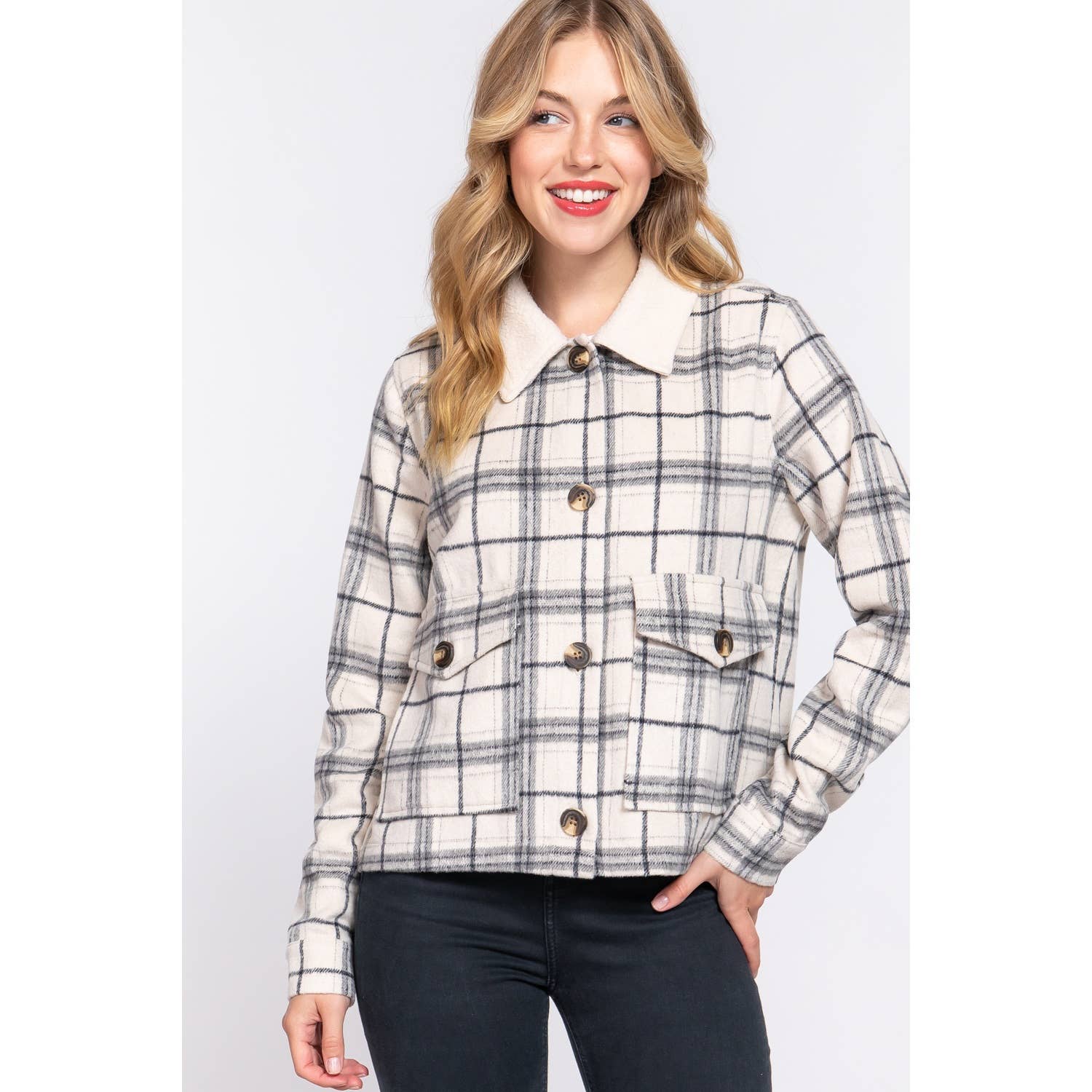 Apolline - Wholesale Shirt Jacket/Shacket - Women's - FAUX FUR COLLAR PLAID SHACKET4