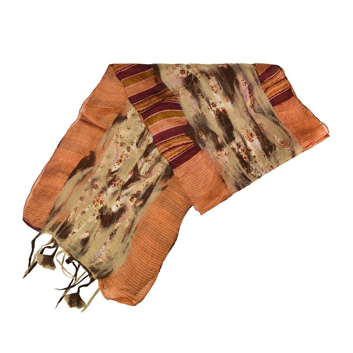 BNB Crafts Inc. - Wholesale Scarf - Women's - Brown Felt and Saree Vintage Scarves with Flower Hanging1