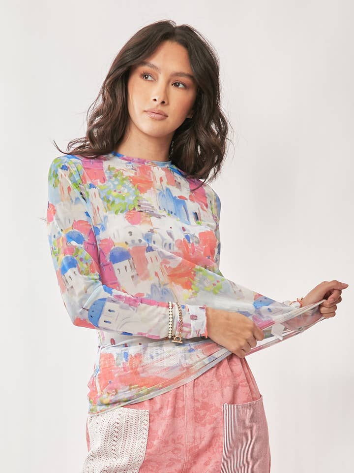 Davi & Dani - Vendita all'ingrosso Top in maglia - Donna - Top a maniche lunghe con scollo rotondo in rete multicolore stampata0