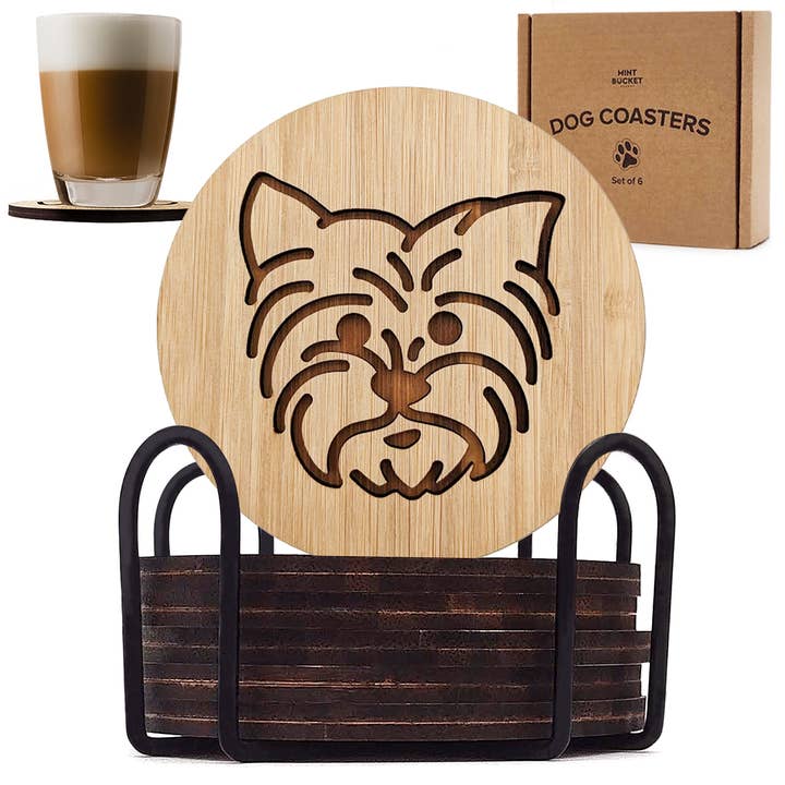 Set of 6 Bamboo Engraved Dog Coasters with Holder - Yorkie for wholesale by Rudderr, LLC/MintBucket