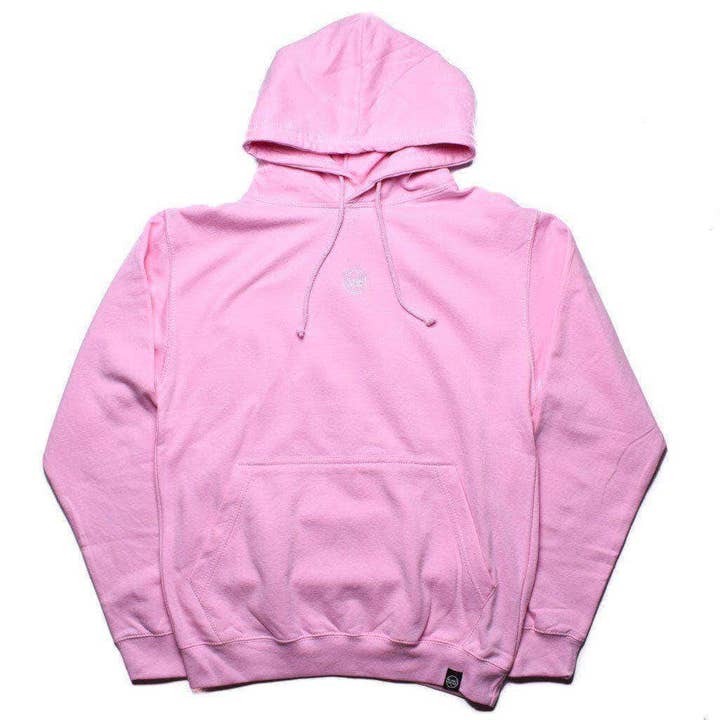 Felpa con cappuccio The Classics con logo ricamato, rosa confetto per la vendita all'ingrosso da parte di Plant Faced Clothing