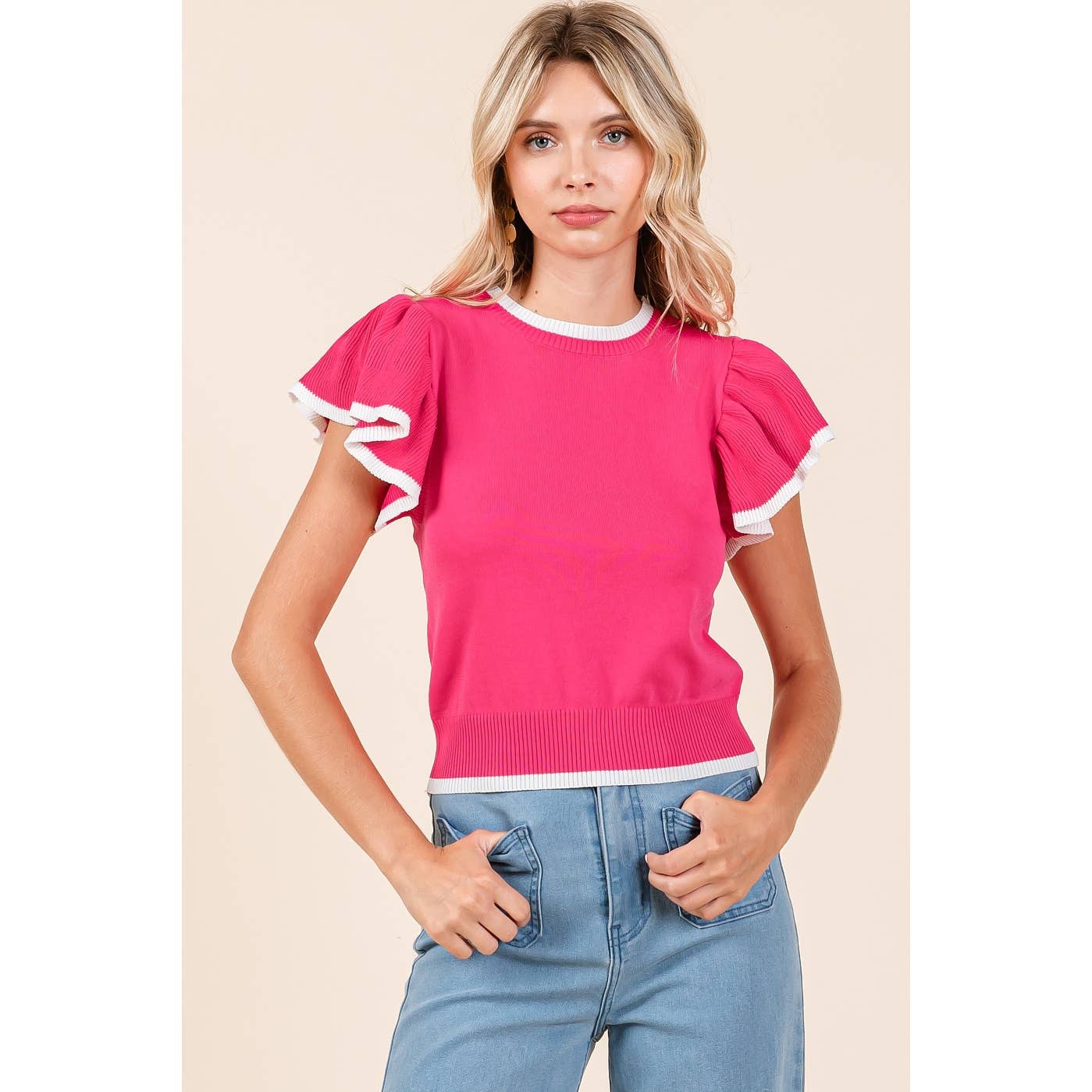 mittoshop - Wholesale Knit Top - Women's - SWEATER KNIT RUFFLE SLEEVE CONTRAST CROP TOP7