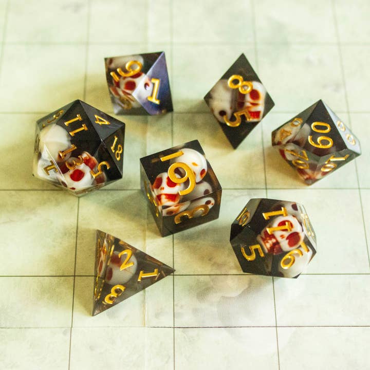 Skull Black Resin Sharp Edge Dice Set for wholesale by Mystery Dice Goblin