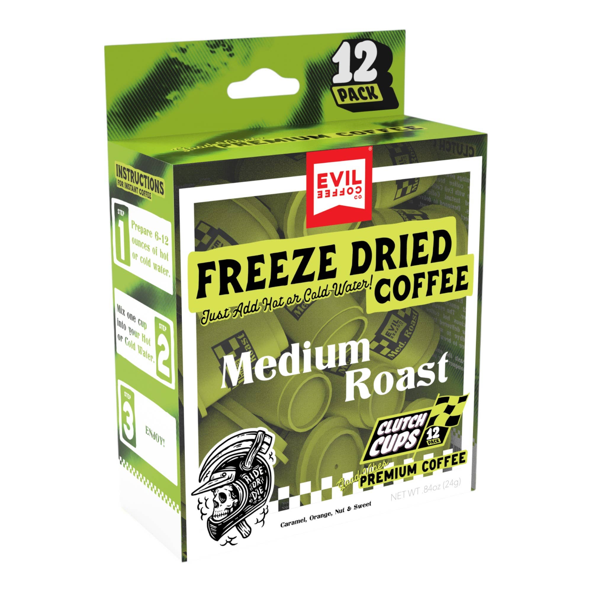 Smithco Distributing - Wholesale Instant Coffee/Espresso - Evil Coffee Clutch Cups - Freeze Dried Coffee (12 Pack)/ PDQ1