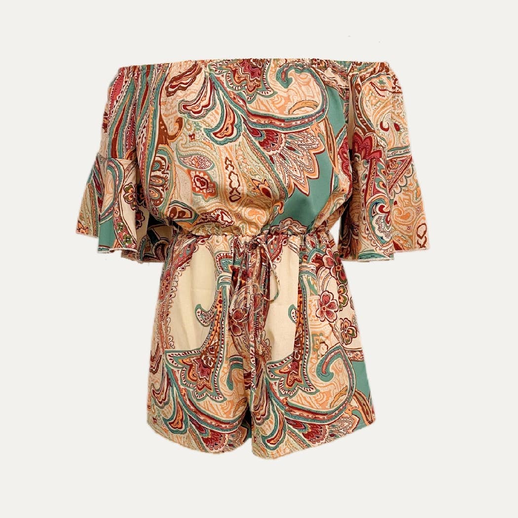 APRICOT YELLOW Bohemian Print Off-The-Shoulder Short Sleeve Summer Romper for wholesale on Faire0