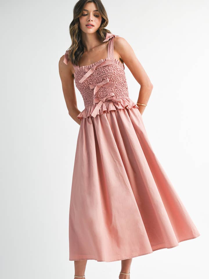 LD1814 Smocked Bow Detail Maxi Dress for wholesale by Endless Blu