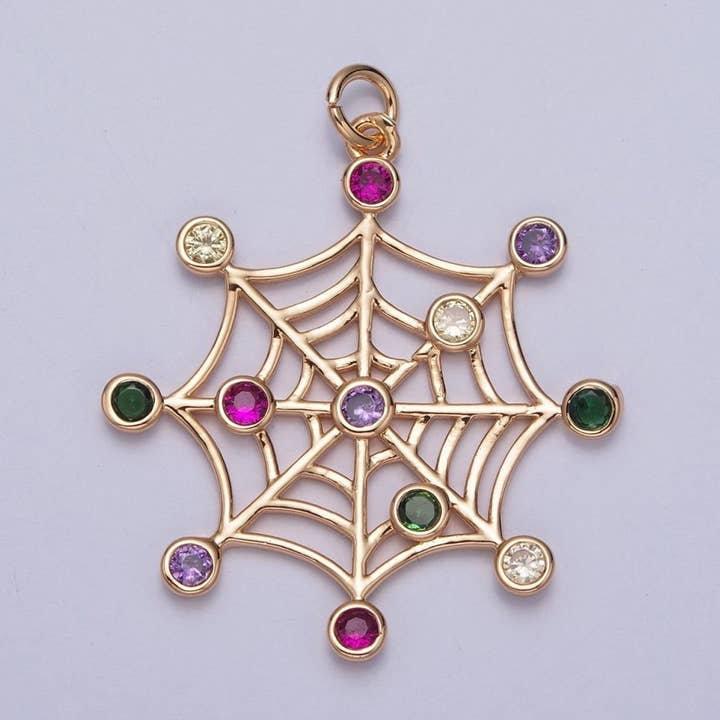 16K Gold Filled Multicolor Round Cubic Zirconia Spider Cob Web Charm | X-215 for wholesale by Aim Eternal
