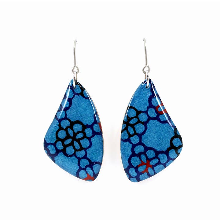 autumn + tree - Vente Boucles d'oreilles pendantes - Boucles d'oreilles japonaises en papier Katazome et titane bleu indigo1
