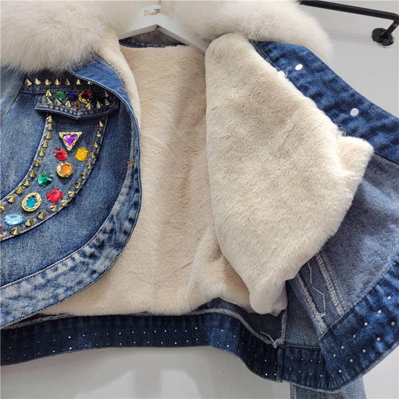 Blue JK073 Trendy Gemstone Denim Jacket -Faux fur lined for wholesale on Faire3