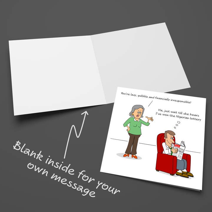 Swizzoo Cards - Vendita all'ingrosso Biglietti di auguri - Divertente biglietto di compleanno per moglie, mamma, zia, donna, marito pigro, umoristico, divertente e sfacciato, truffa alla lotteria
