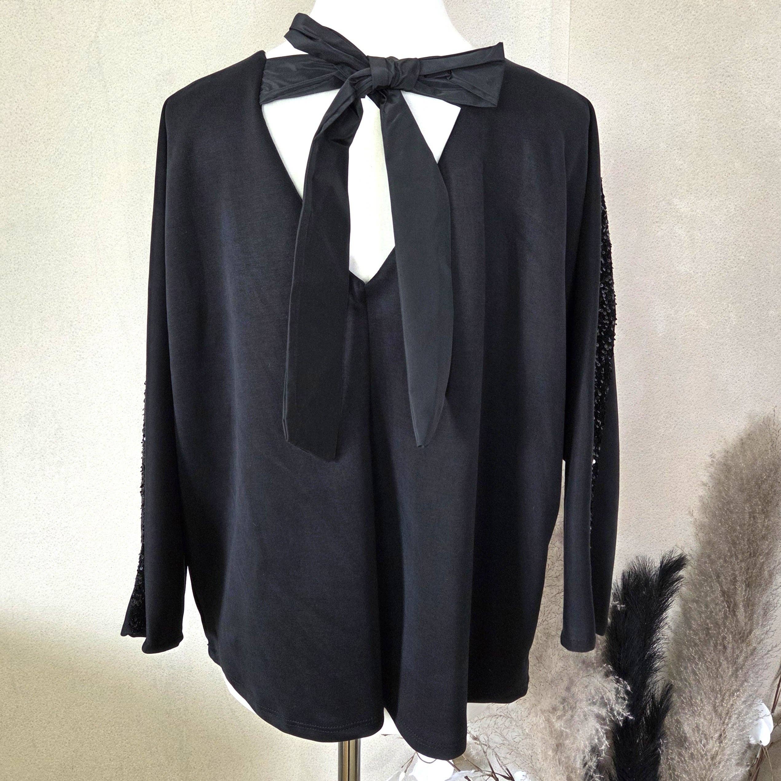 Tempest Designs - Wholesale Blouse - Women's - Soft scuba fabric dressy V-neck top with sequin detail on arms and bow on back (M)2