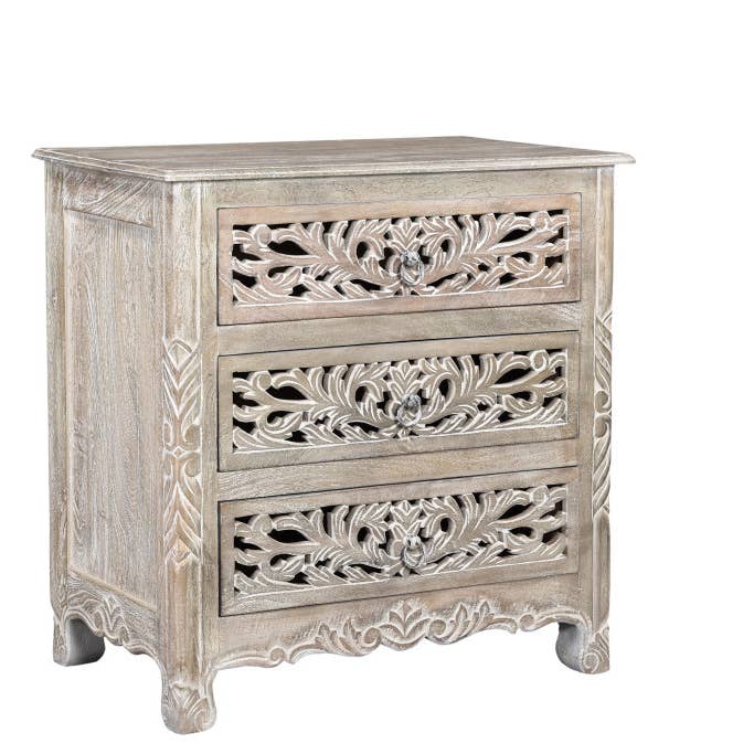 30" Distressed Gray Three Drawer Floral Carved Solid Wood Nightstand for wholesale by HomeRoots