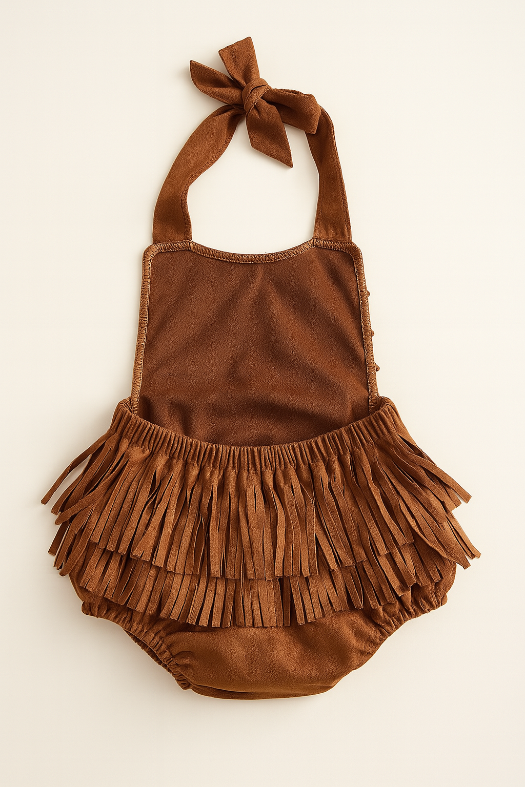 Fennco Styles - Wholesale Bodysuit (Non-Footed) - Baby - Brown Halter Fringe Suede Baby Sunsuit Romper1