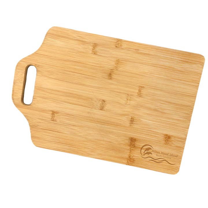 Aangepast bamboe snijplank met handvat met twee dolfijnen voor wholesale door Beach, Cats & Wine