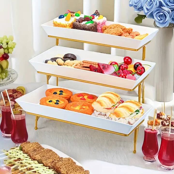 3-Tier Folding Cake Stand with Durable Metal Frame and 3 Plastic Trays for wholesale by Huis Van Merken