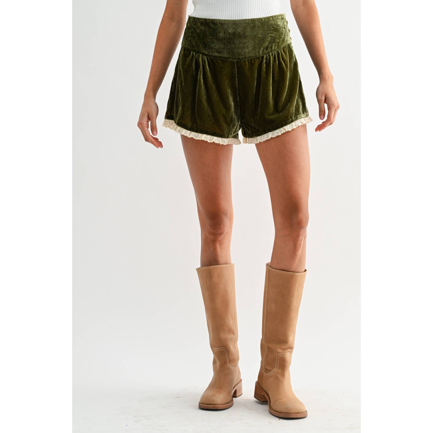 MOSS GREEN VELVET HIGH-WAIST LACE TRIM SHORTS for wholesale on Faire1
