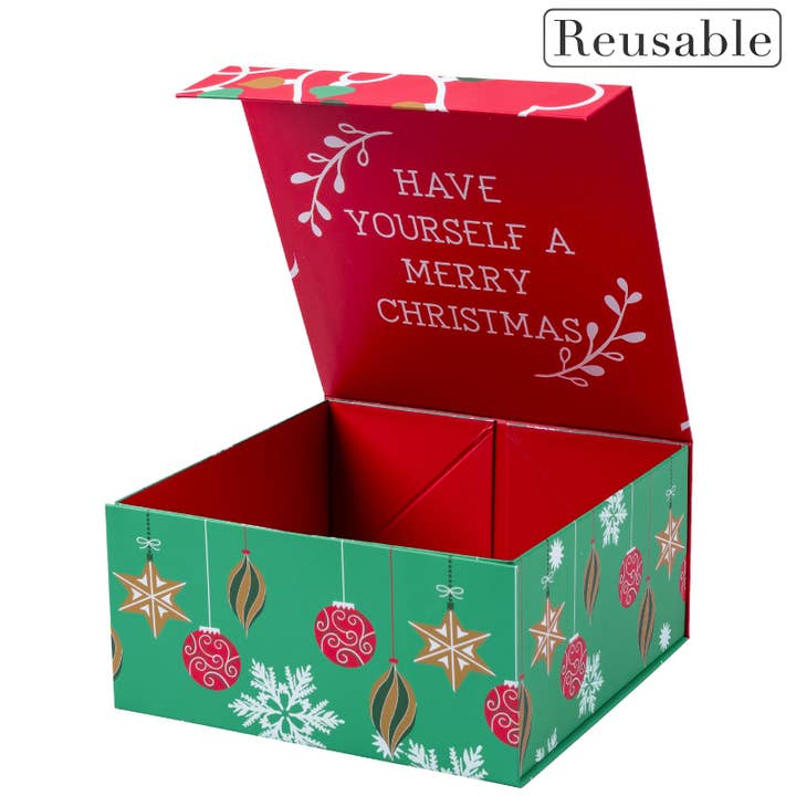 LA Ribbons Wholesale - Wholesale Gift Box - 8" x 8" x 4" Collapsable Holiday Gift Box w/ 2-pcs White Tissue Paper & Magnetic Square Flap Lid | Red/Green Christmas Ornaments
2