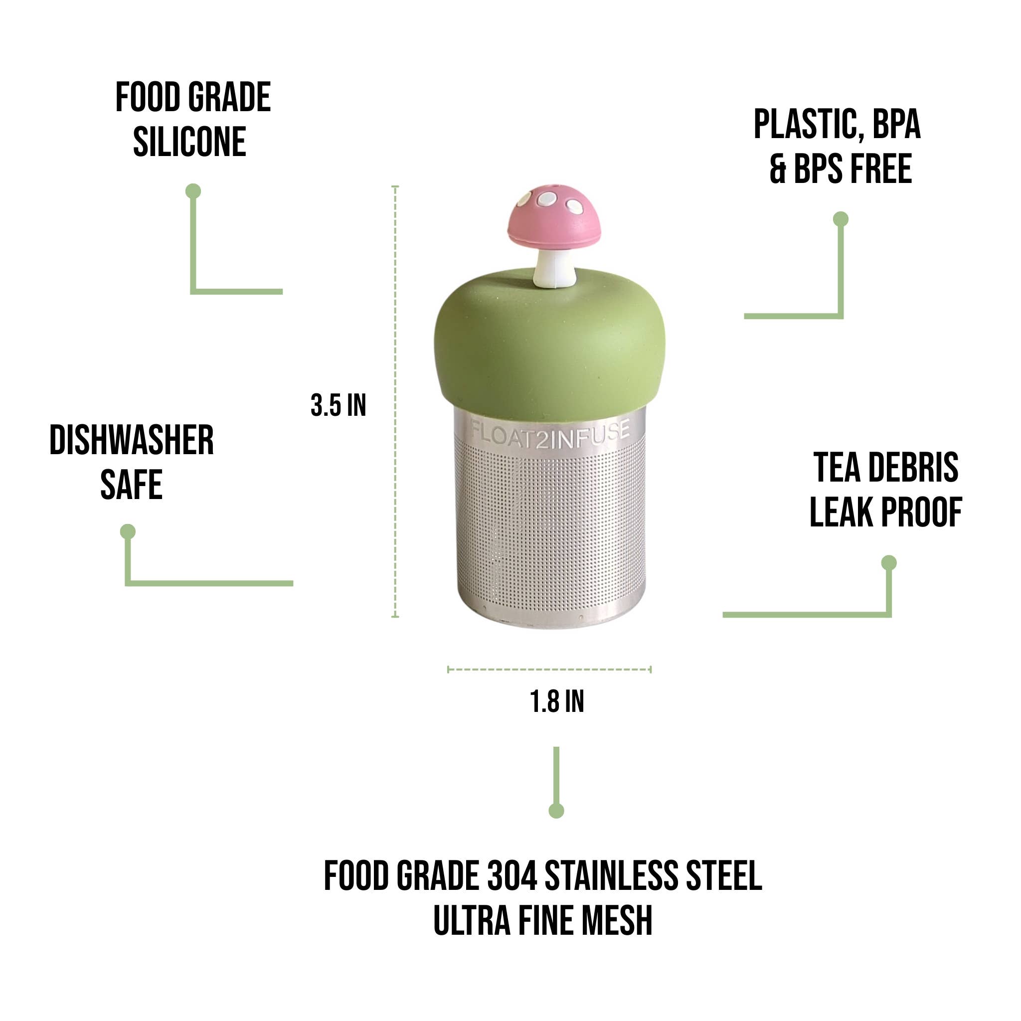 Float2infuse Tea Infuser - Wholesale Tea Strainer/Infuser - Pink Mushroom | Floating Tea Steeper | Green Base | Pink5