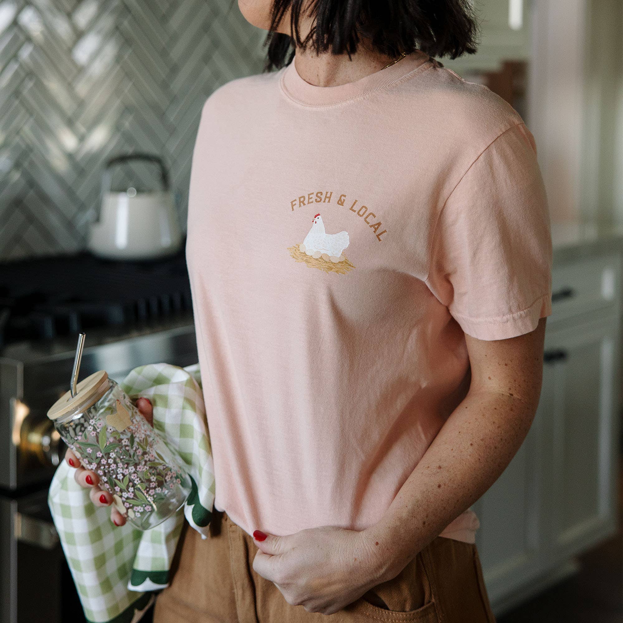 Paper Farm Press - Wholesale T-Shirt (Graphic) - Women's - Chicken Farmers Market Tee - Peachy Pink2