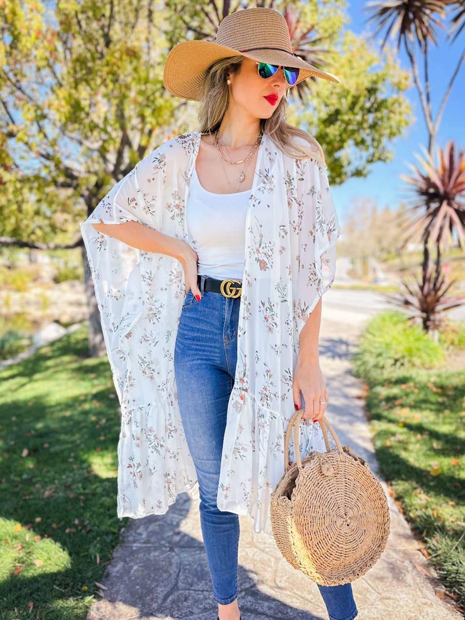 Ivory Floral Printed Ruffle Bottom Chiffon Kimono Cover Up for wholesale on Faire4