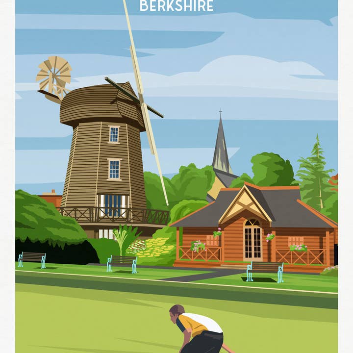 Printagonist – wholesale Art print – Wraysbury, Berkshire Travel Poster – Lawn Bowls & Windmill1