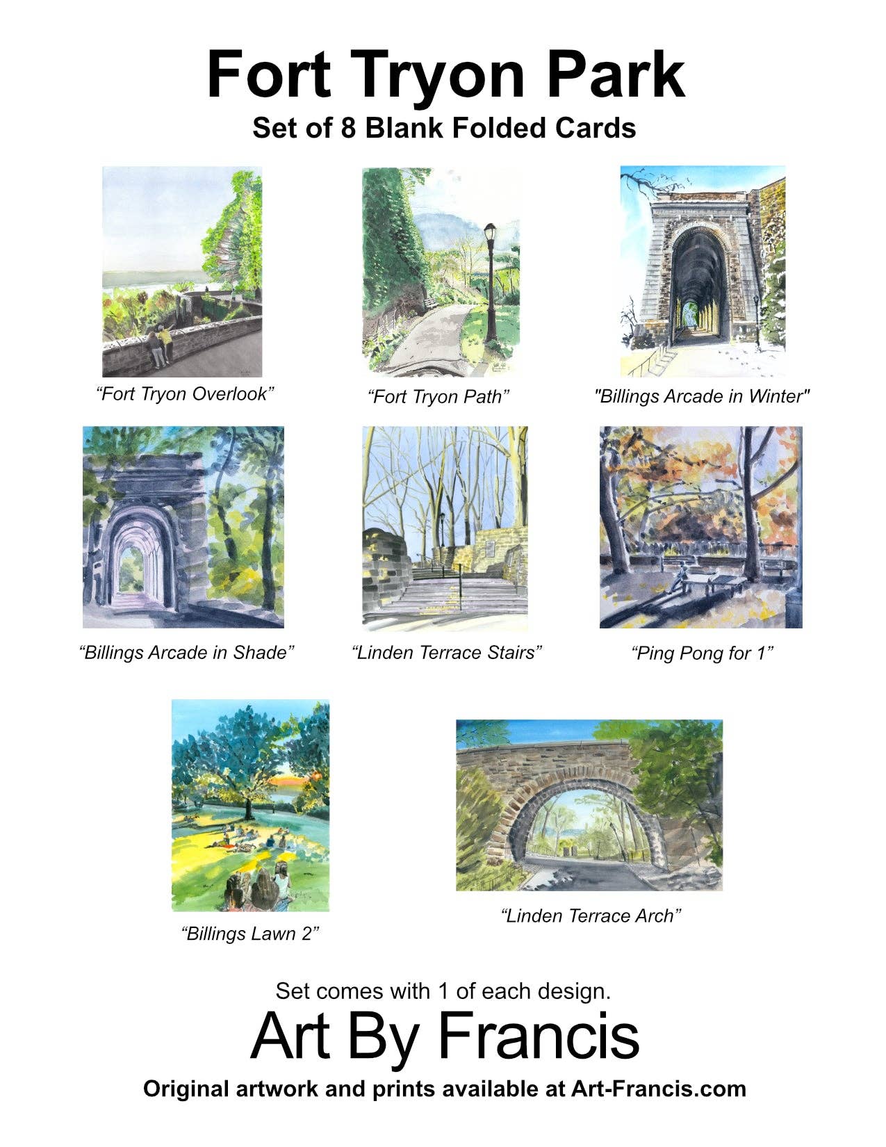 Art By Francis - Wholesale Everyday Greeting Card - Notecards Assorted - Fort Tryon Park (8-pack)1