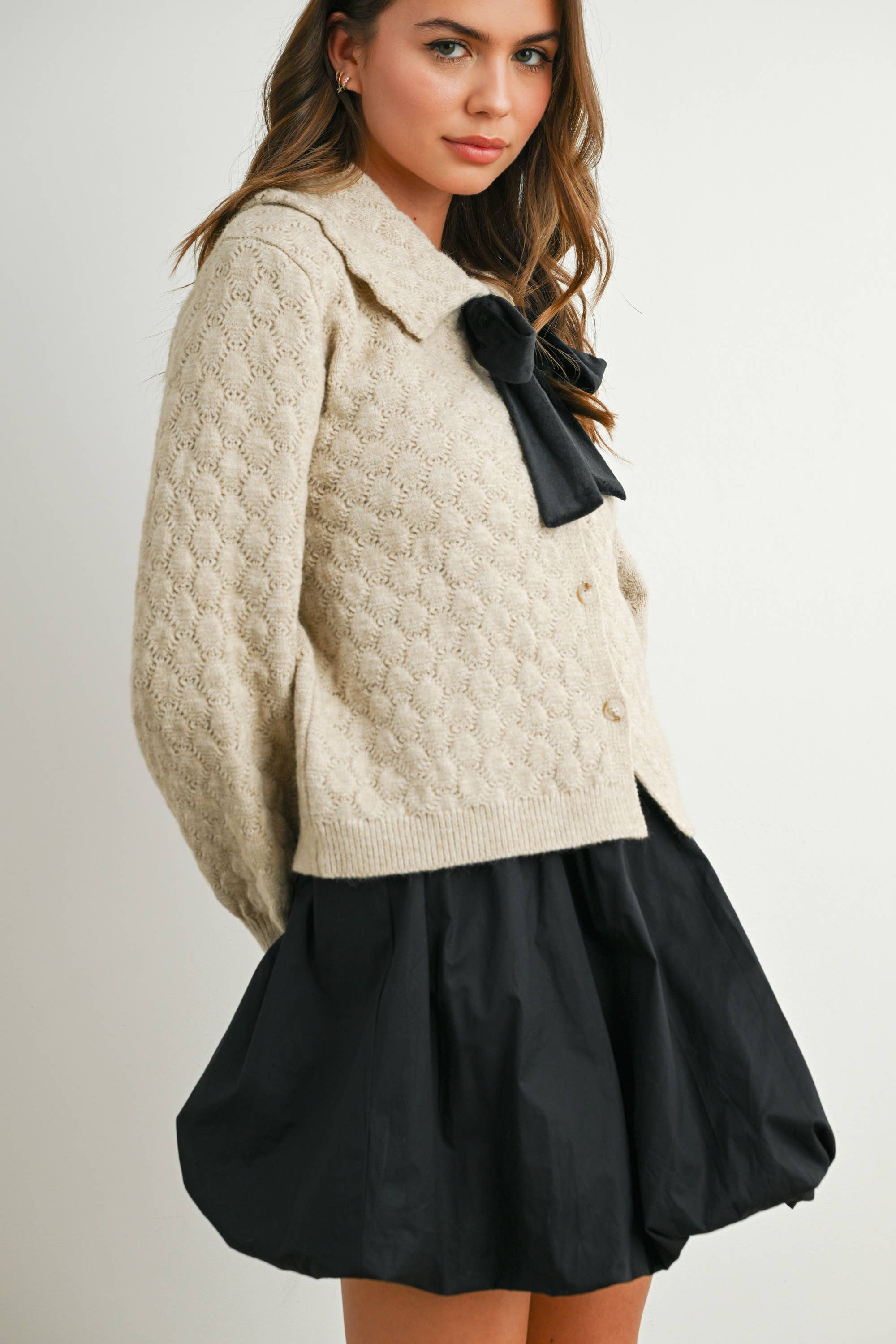 BUTTERMELON - Wholesale Cardigan - Women's - Button-Up Bow Front Collared Long Sleeve Top - BMC777630