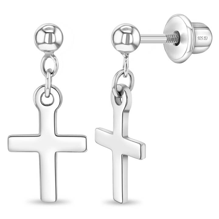 925 Sterling Silver Cross Dangle Earrings Safety Screw Backs for wholesale by In Season Jewelry