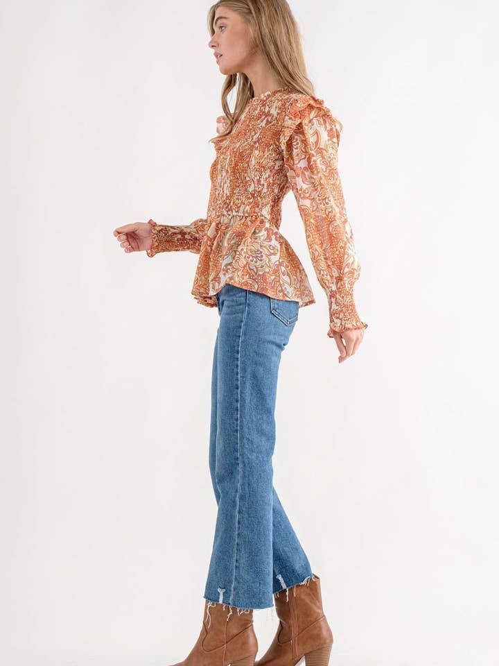 Rust Floral Top With Long Sleeve for wholesale on Faire7