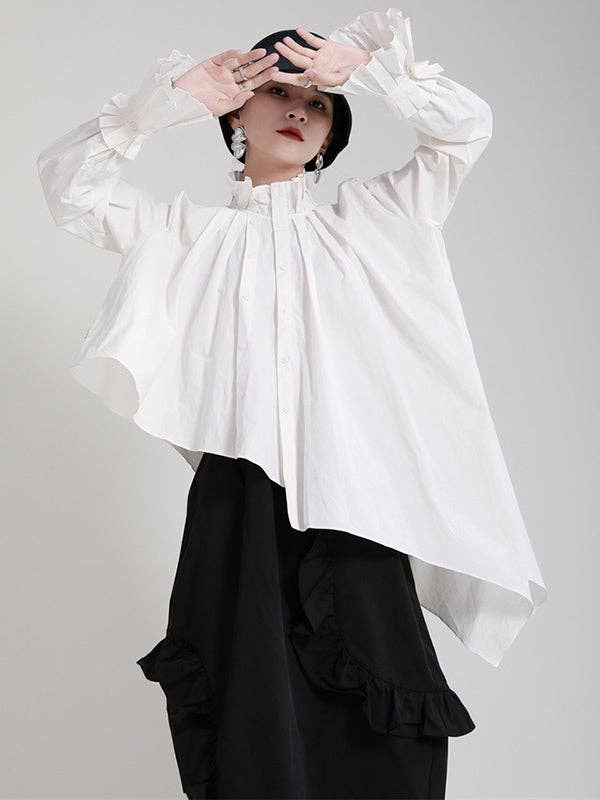 WHITE Original Stylish Irregular Pleated Buttoned Stand Collar Long Sleeves Blouse for wholesale on Faire1
