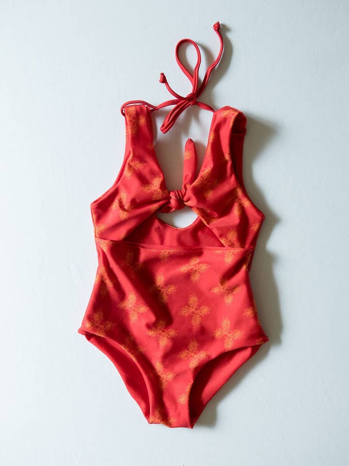 Girl's Cutout One Piece in Red Breadfruit Bandana for wholesale by Of One Sea