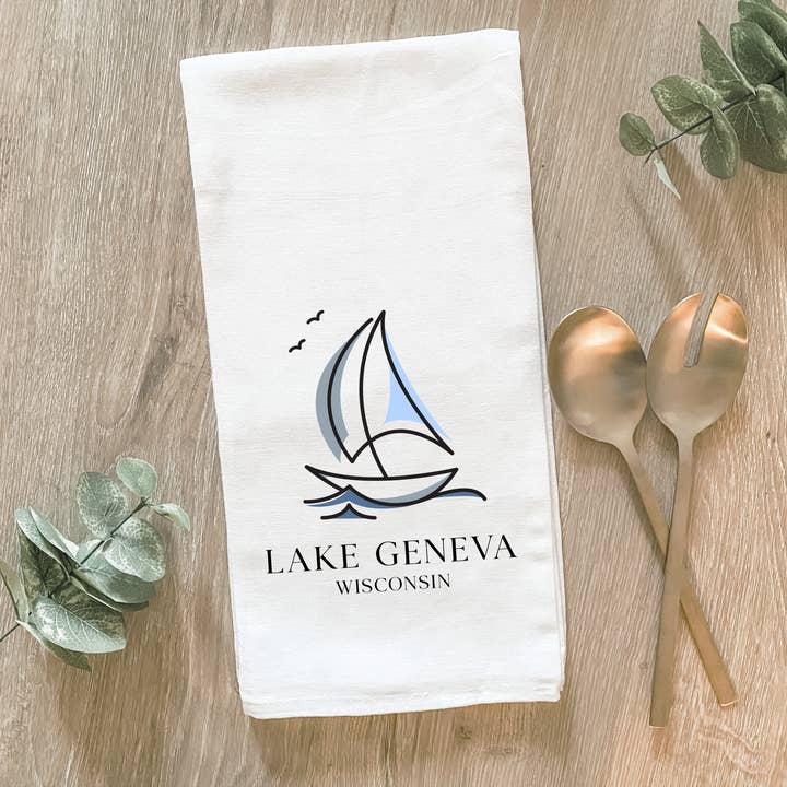Custom Lake With Sailboat - Cotton Tea Towel for wholesale by Lissi Designs