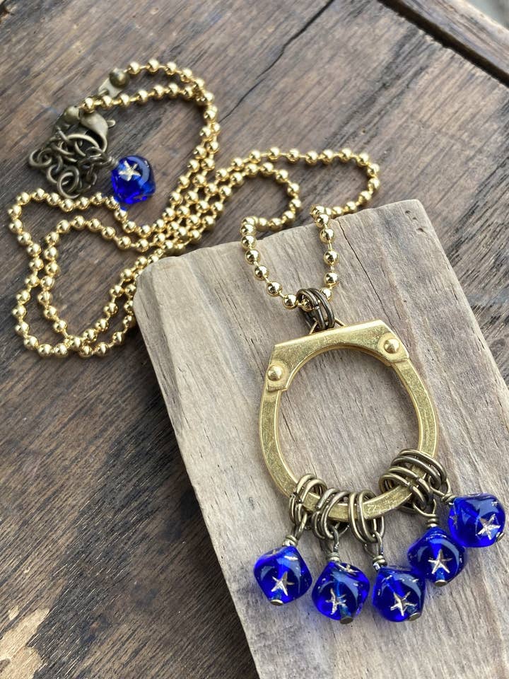 Cobalt & Gold Stars Glass Beaded Pendant Necklace for wholesale by Poor Sparrow