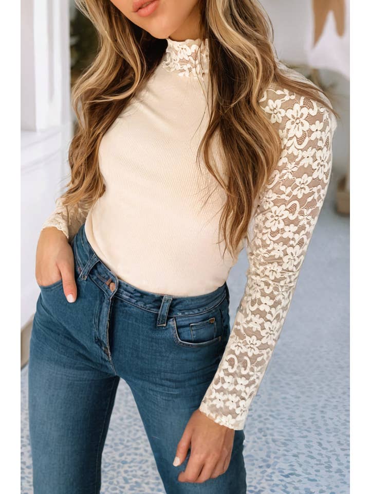 Little Daisy Closet - Wholesale Blouse - Women's - LDC Floral Lace Patchwork Long Sleeve High Neck Slim Top7