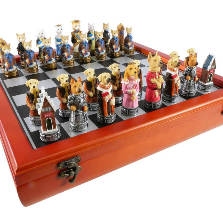 WorldWise Imports - Wholesale Board Game - Chess Set - Cats & Dogs Resin Men on Cherry Stained Chest