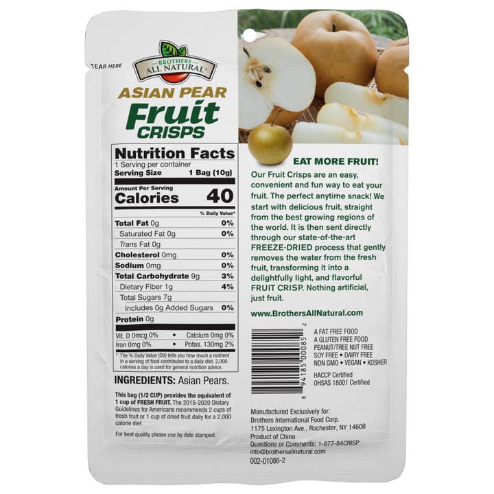 Brothers All Natural - Wholesale Dried/Dehydrated Fruit - Freeze-Dried Asian Pear Fruit Crisps (½ cup bags)