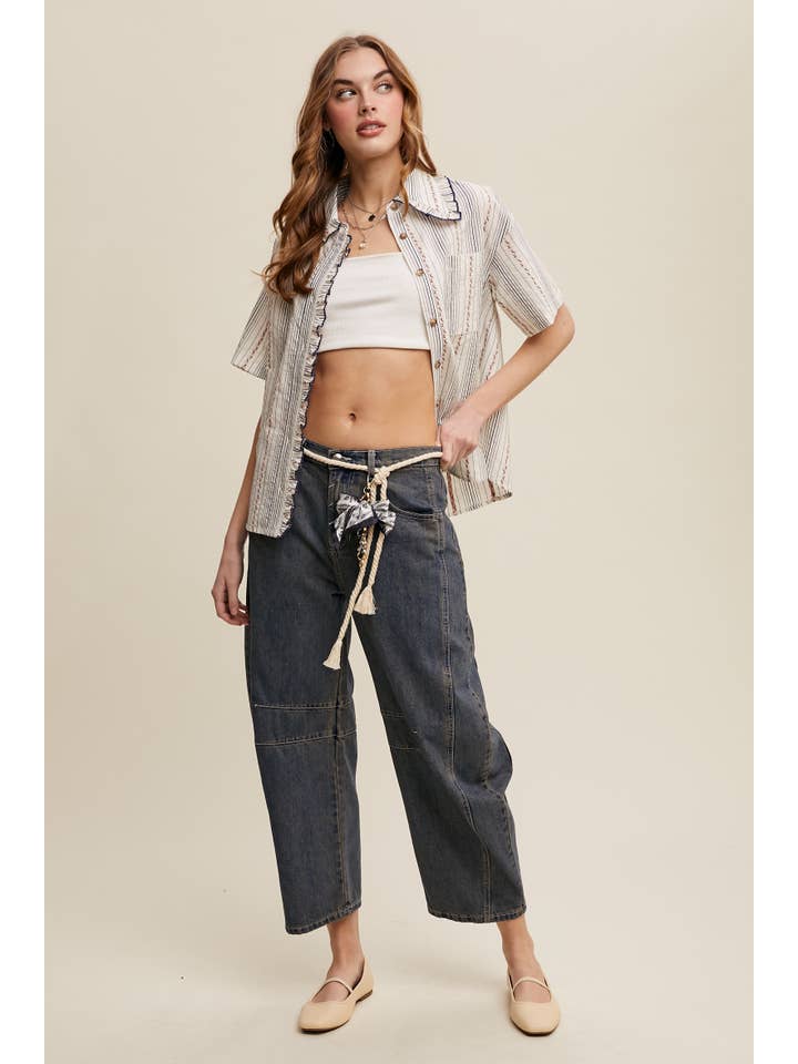 Listicle - Wholesale Button Down Shirt - Women's - Striped Embroidered Button-Down Blouse9