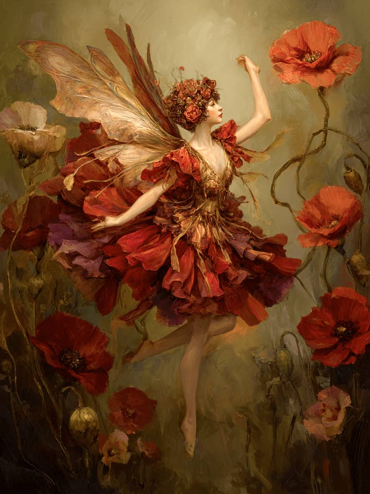 Vintage Poppy Fairy Art Print - Fairies 8"x10" Artwork for wholesale by Mowbi