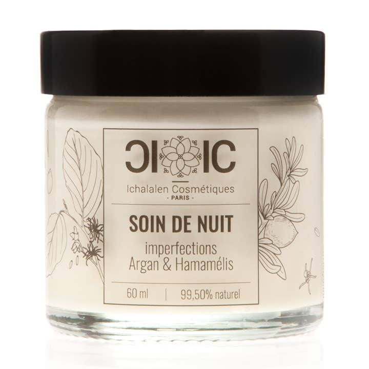 SOIN DE NUIT IMPERFECTIONS " Argan & Hamamélis " pour la vente par ICParis ( Ichalalen cosmétiques Paris)