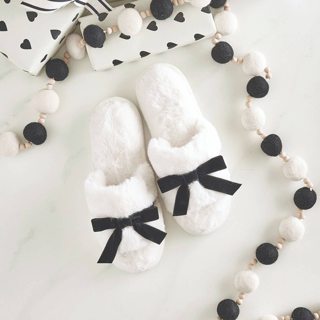 Bella Sleep + Spa - Wholesale Slippers - Women's - Plush Velvet Bow Slippers - Ivory + Black Velvet Bow2