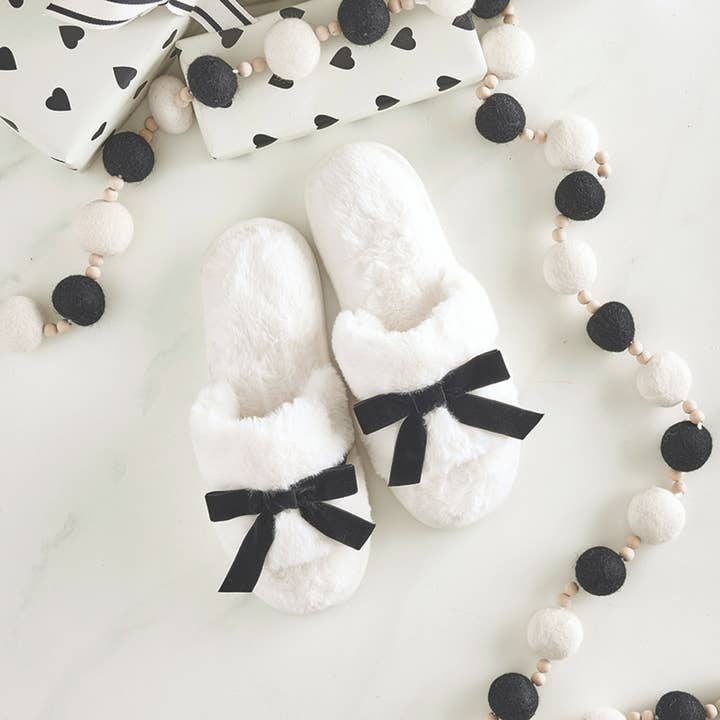 Bella Sleep + Spa - Wholesale Slippers - Women's - Plush Velvet Bow Slippers - Ivory + Black Velvet Bow2