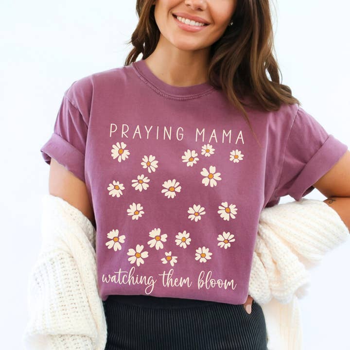Scripted Pearl - Wholesale Screen Printed T-Shirt - Women's - Praying Mama Watching Them Bloom Daisies Comfort Colors Tee10