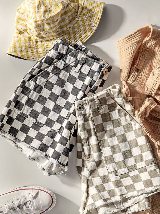 Retro Checkerboard Raw Hem Denim Shorts for wholesale by Urban Daizy